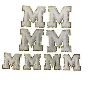 8 pc Chenille M Sew/Iron/Glue On  4-3" Patches & 4-2" Patches Fabric White/Gold